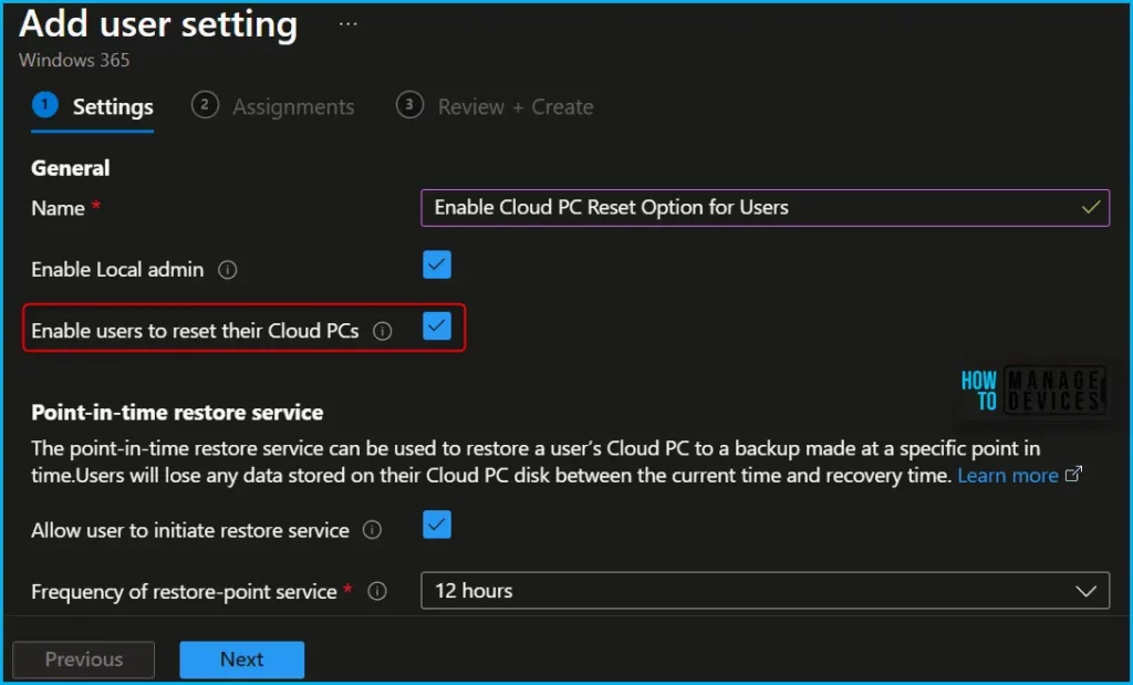 Enable Cloud PC Reset Option for Windows 365 End Users 1