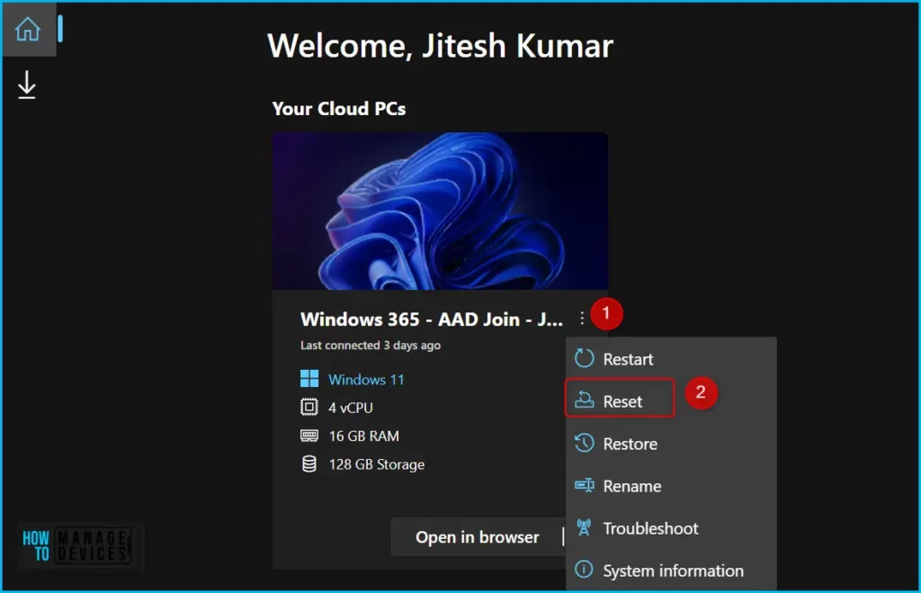 Enable Cloud PC Reset Option for Windows 365 End Users Fig.6
