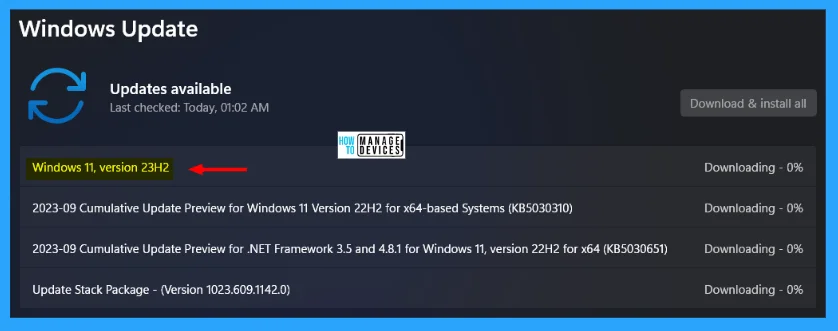 Update to Win 11 23H2 was showing as available but not now