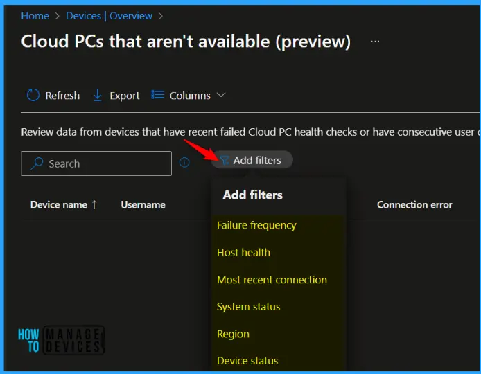 Identify Cloud PC with Connectivity Issues from Windows 365 Performance Report Fig.4