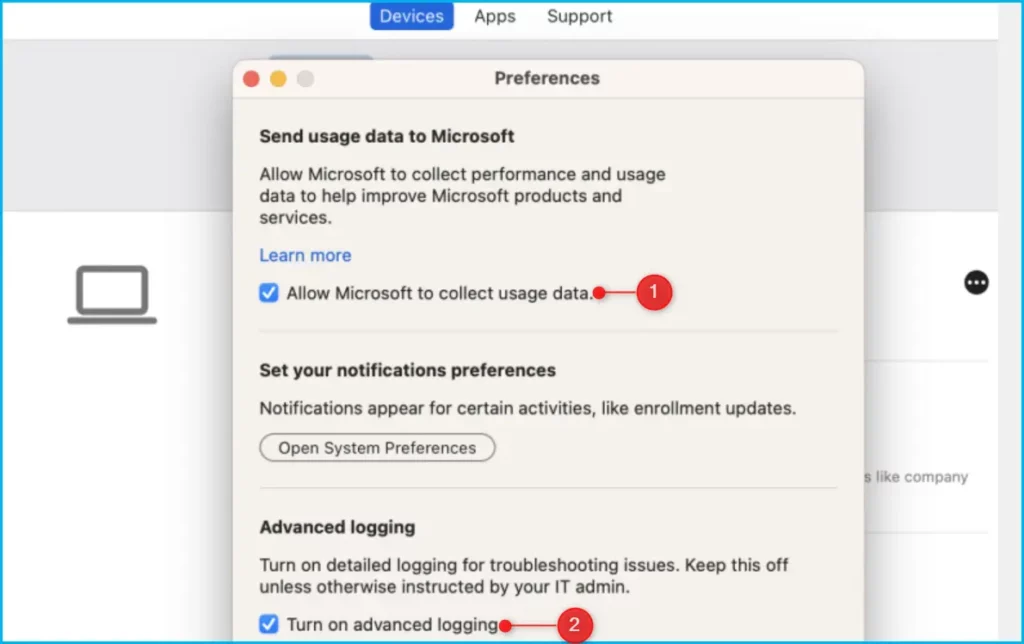 Turn on Advanced Logging on Company Portal for macOS Fig.2