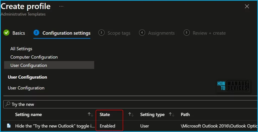 Hide New Outlook Toggle in Outlook Desktop App using Intune Fig.5