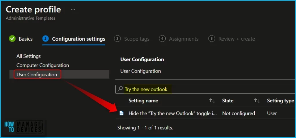 Hide New Outlook Toggle in Outlook Desktop App using Intune Fig.3