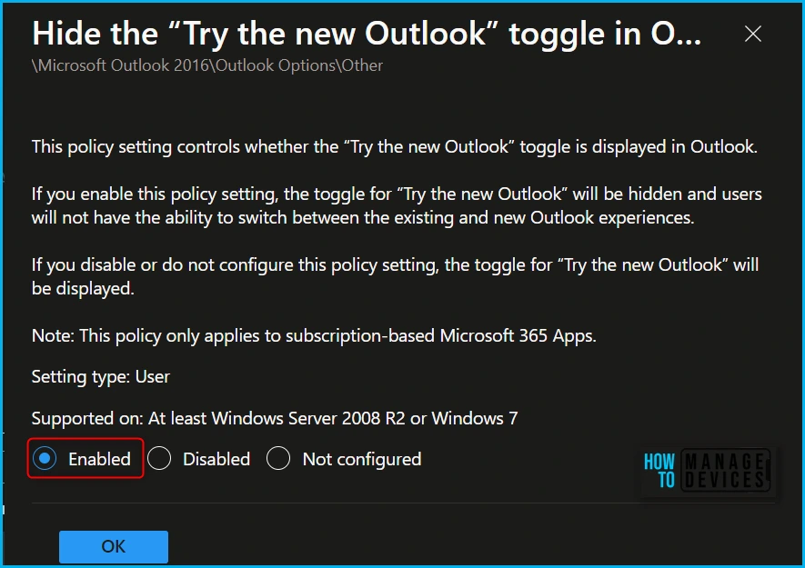 Hide New Outlook Toggle in Outlook Desktop App using Intune Fig.4