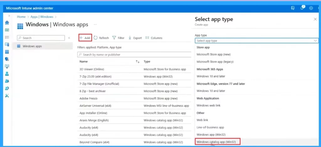 Deploy Windows Catalog App Type using Intune Enterprise Application Catalog - Fig.2 Creds to Danny Guillory and Joe Lurie Microsoft