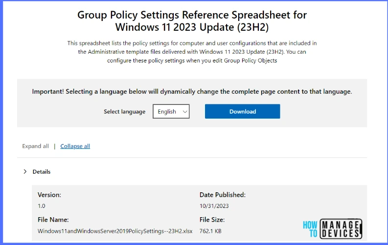 Download Windows 11 23H2 Group Policy Settings Reference Spreadsheet Fig.1