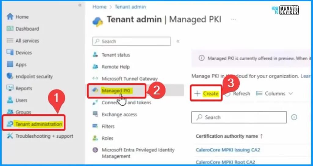 Create Root and Issuing CA using Intune Cloud PKI Service - Fig.1 - Creds to Bill Calero Microsoft