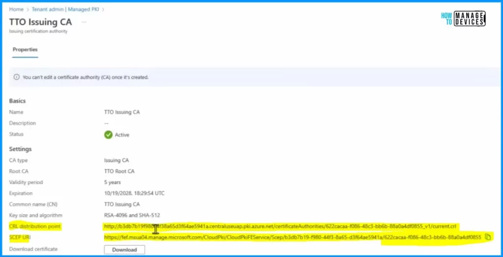 Create Root and Issuing CA using Intune Cloud PKI Service - Fig.11 - Creds to Bill Calero Microsoft