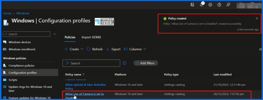 Disable Allow Use of Camera Setting Policy using Intune - Fig.9