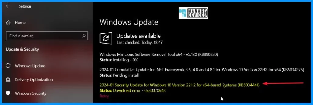 January Windows 10 Patch KB5034441 Installation Fails with Error 0x80070643 - Fig.2