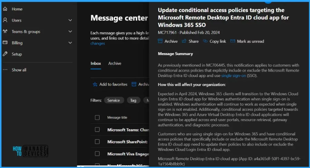 Update Conditional Access Policies Targeting Remote Desktop Entra ID Cloud App for Windows 365 SSO Fig.1