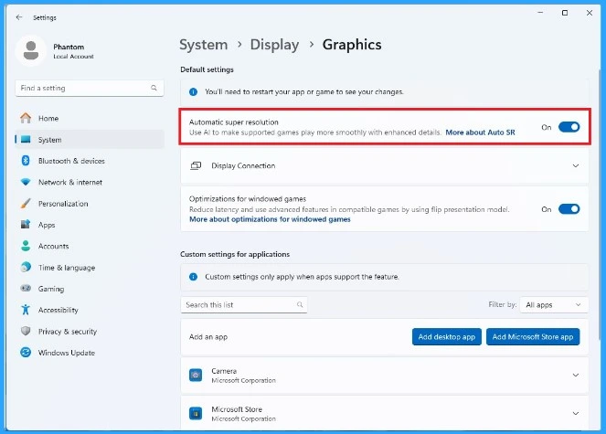 Windows 11 AI Based Automatic Super Resolution Settings - Fig.2 - Creds to MS