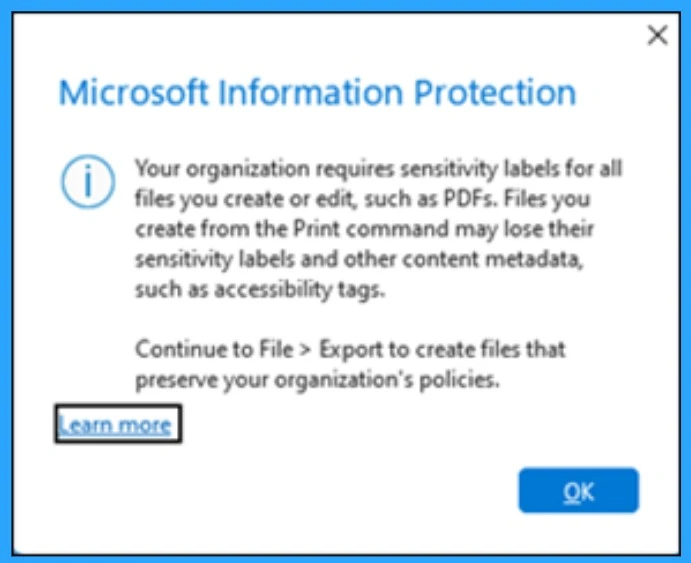 Outlook Desktop Blocks Printing to PDF if Mandatory Labeling is Enabled- Fig.2 Creds to MS