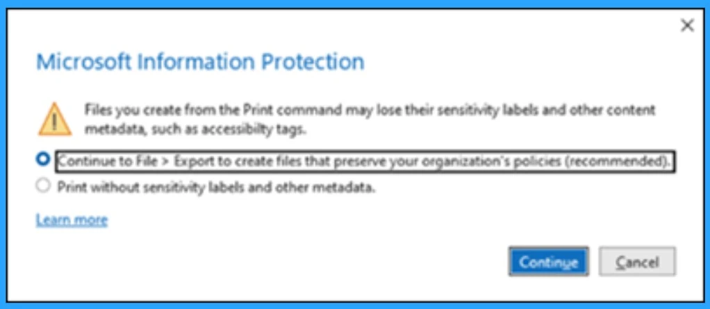 Outlook Desktop Blocks Printing to PDF if Mandatory Labeling is Enabled- Fig.3 Creds to MS