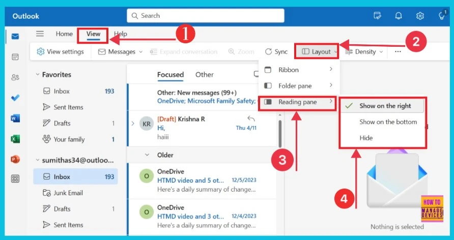 Remove or Change Reading Pane Layout in Outlook for Windows 11 - Fig.2