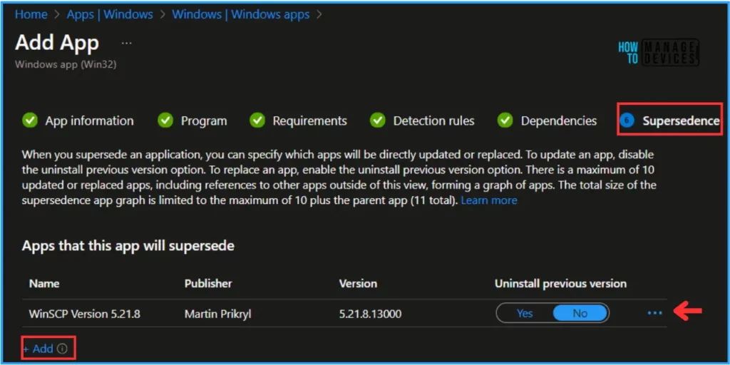 Best Guide to enable WinSCP Win32 app Supersedence and Auto-Update with Intune. Fig. 13