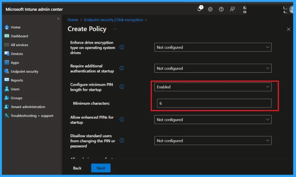 Issues on Configuring Minimum PIN Length for Startup in Disk Encryption Policies in Intune- Fig.2