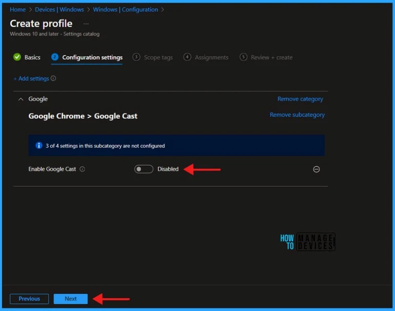 Enable Disable Google Cast in Google Chrome with Intune Settings Catalog Policy. Fig.05