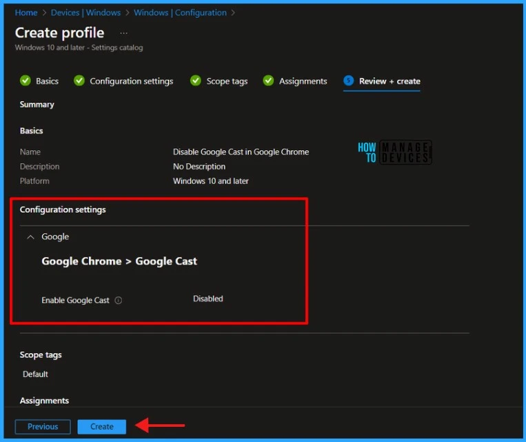 Enable Disable Google Cast in Google Chrome with Intune Settings Catalog Policy. Fig.07