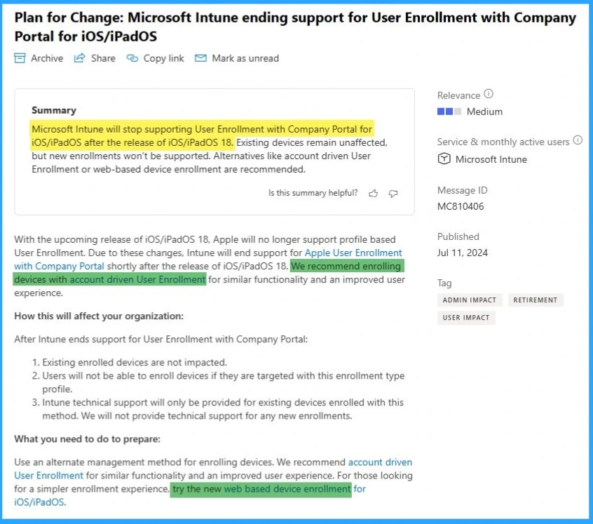 MS Intune Stop Supporting User Enrollment with Company Portal for iOS iPadOS 1