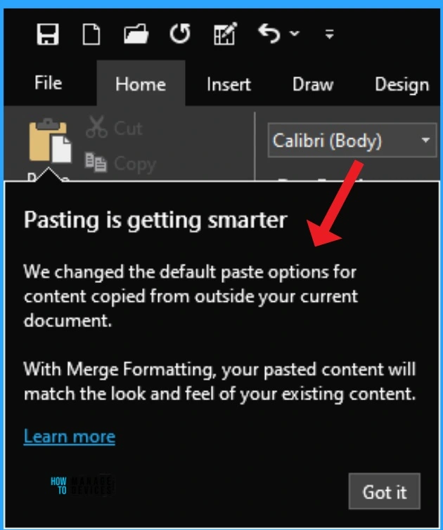 MS Word Default Paste Merge Formatting option to Match the Look and Feel of Existing Content - Fig.2