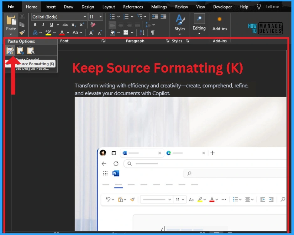 MS Word Default Paste Merge Formatting option to Match the Look and Feel of Existing Content - Fig.5