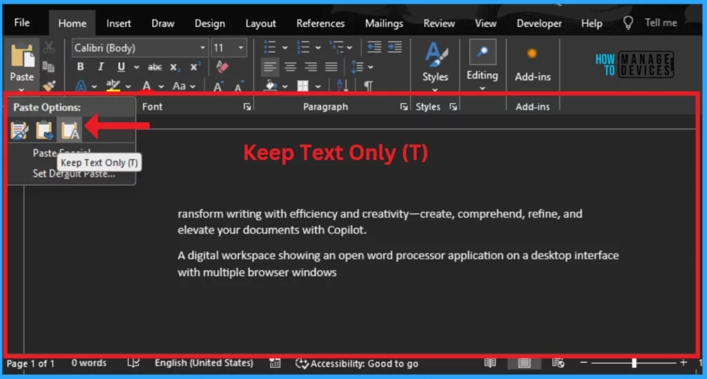 MS Word Default Paste Merge Formatting option to Match the Look and Feel of Existing Content - Fig.7
