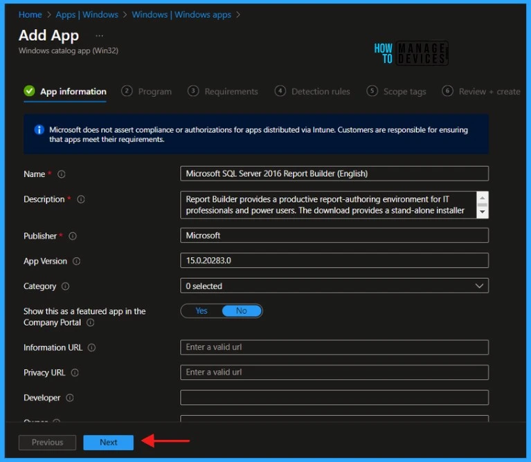 Guide to Install Microsoft SQL Server 2016 Report Builder with Intune Enterprise App Catalog App. Fig 07