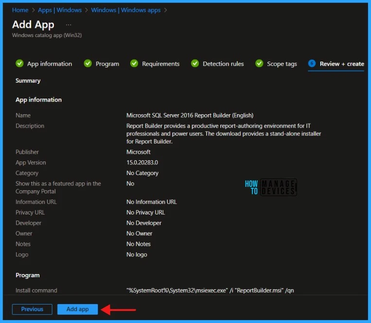 Guide to Install Microsoft SQL Server 2016 Report Builder with Intune Enterprise App Catalog App. Fig 11