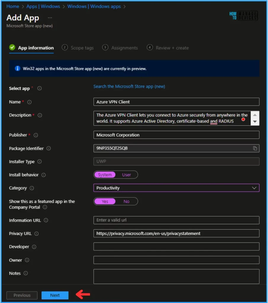 Easy Guide to Deploy Azure VPN Client Microsoft Store App Using Intune. Fig. 6