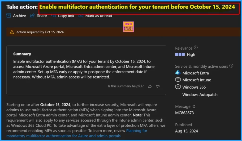Disable MFA option for Microsoft Azure Entra and Intune Admin Centers is not available starting 15 October 2024 - Fig.1