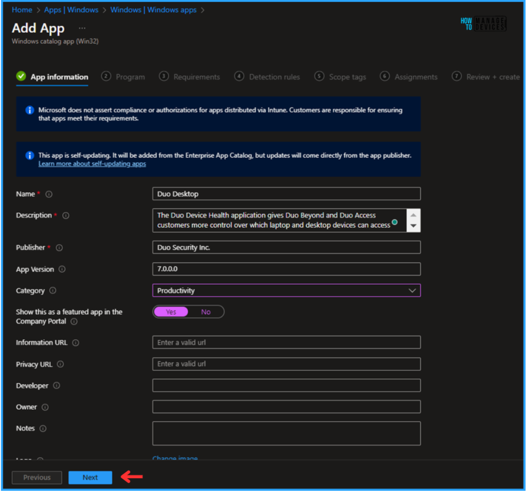 Best Guide for Duo Desktop Self-Updating App Function in the Intune Enterprise App Catalog. Fig. 6