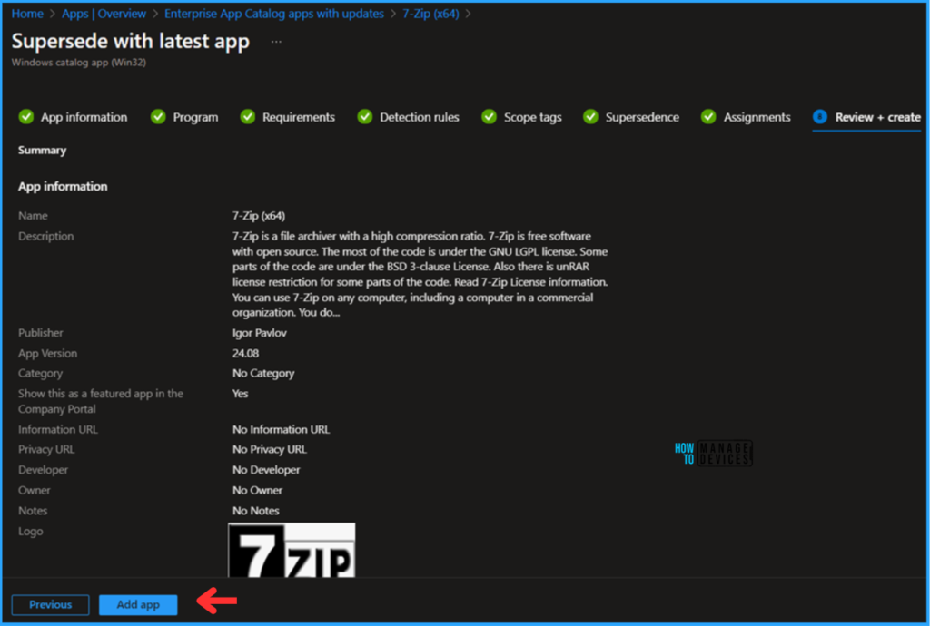7-Zip Update with Enterprise App Catalog App in Intune Best Step-by-Step Guide 12 Best Step-by-Step Guide to Use 7-Zip Update with Enterprise App Catalog App in Intune. Fig. 12