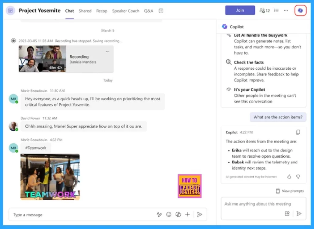 Microsoft 365 Copilot in Teams for Chat Meeting Calls Generally Available - Fig.4 (Image credited to MS)
