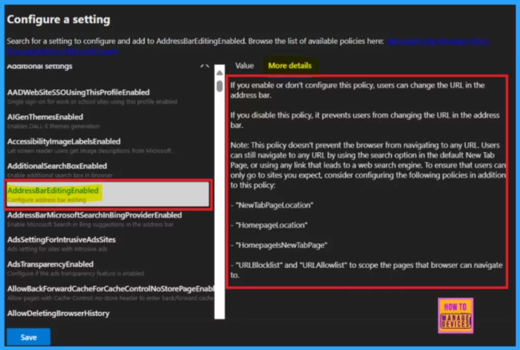 Enable Address Bar Editing in the Edge Browser using the Microsoft 365 Admin Center Policy 8 Enable Address Bar Editing in the Edge Browser using the Microsoft 365 Admin Center - Fig.7