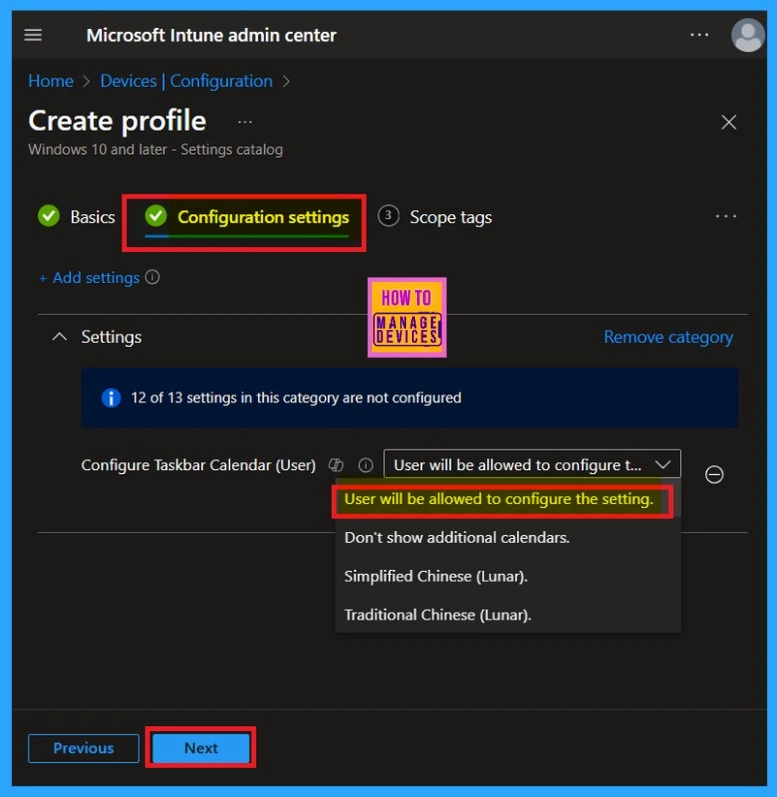 Configure Taskbar Calendar Deployment via Setting Catalog in Intune 5 Configure Taskbar Calendar Deployment via Setting Catalog in Intune-Fig. 5