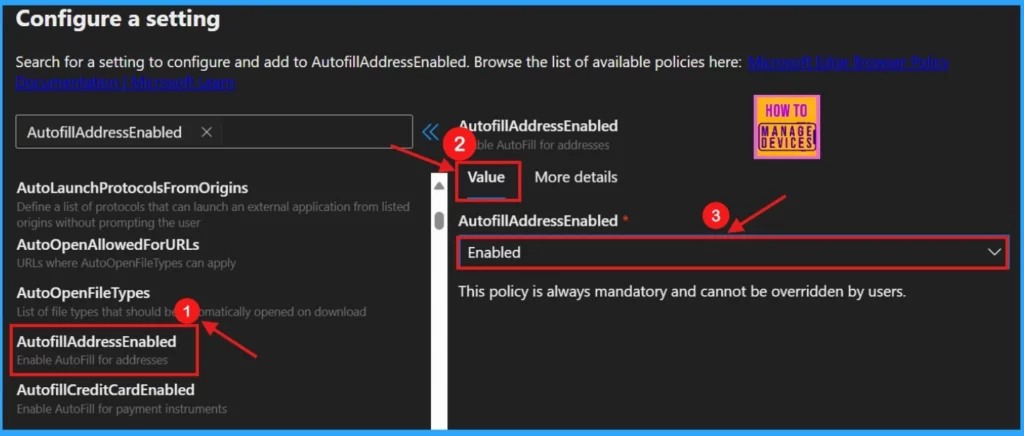 Enable Autofill for Addresses in MS Edge Browser using Microsoft 365 Admin Center Policy - Fig.4
