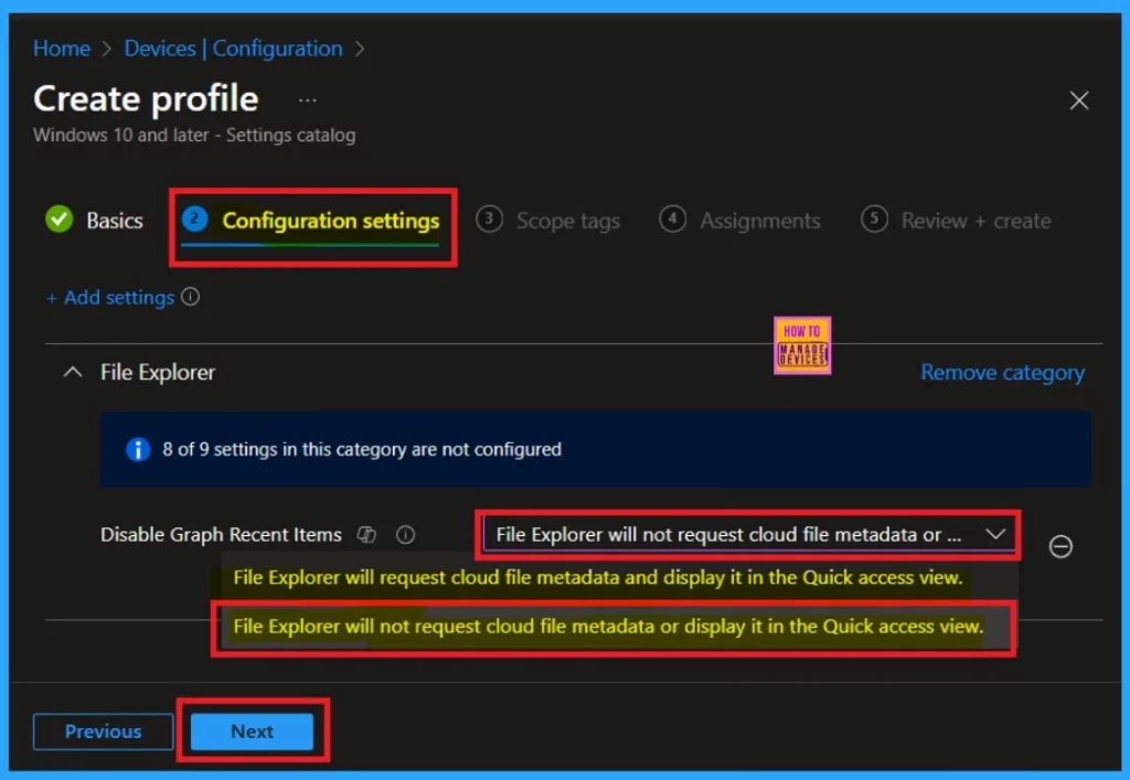 Enable Disable Graph Recent Items in File Explorer Policy using Intune - Fig.5
