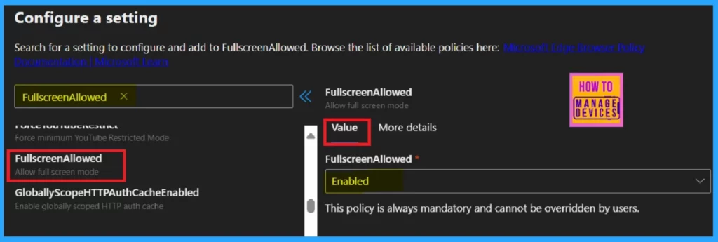 Enable or Disable Full Screen Mode Policy in Edge Browser using Microsoft 365 Admin Center Policy - Fig.4