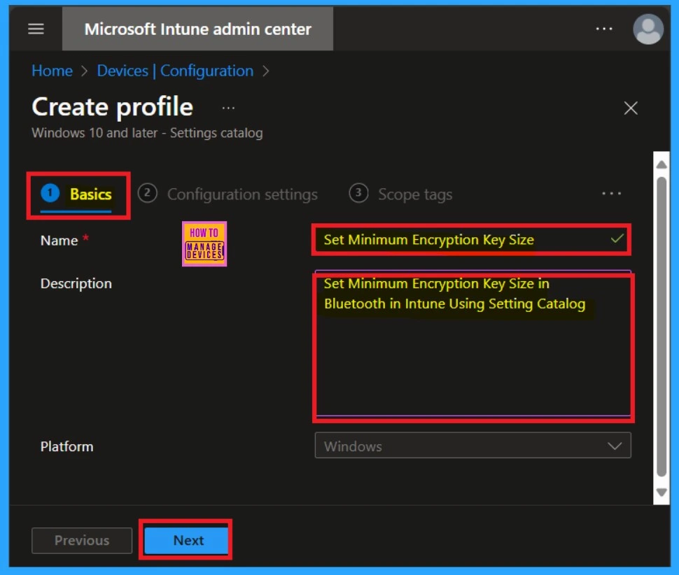 Set Minimum Encryption Key Size for Bluetooth in Intune via Setting Catalog 3 Set Minimum Encryption Key Size in Bluetooth in Intune Using Setting Catalog-Fig.3