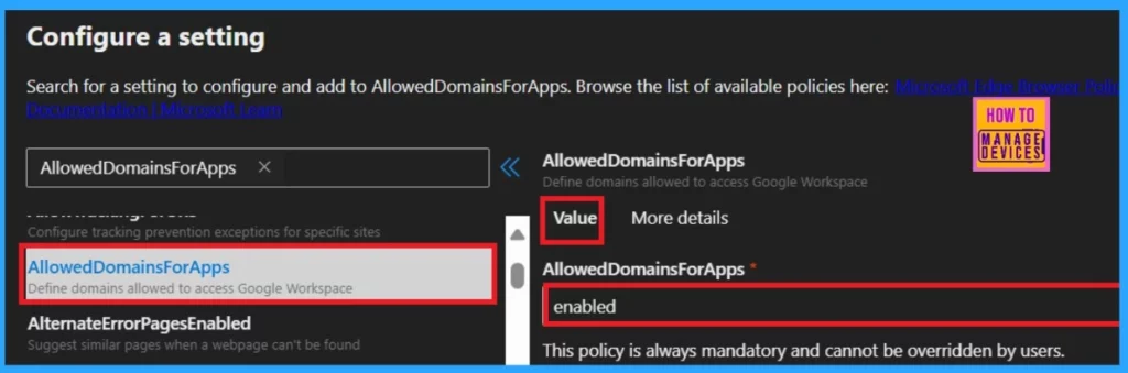 Enable Allowed Domains for Apps in MS Edge Browser using the Microsoft 365 Admin Center Policy 5 Enable Allowed Domains for Apps in MS Edge Browser using the Microsoft 365 Admin Center Policy - Fig.4