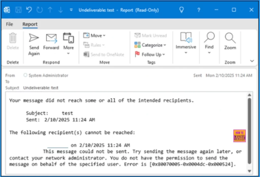 Fix Classic Outlook NDR Error 0x80070005-0x0004dc-0x000524 Unable to Send Emails - Fig.2  - Creds to MS