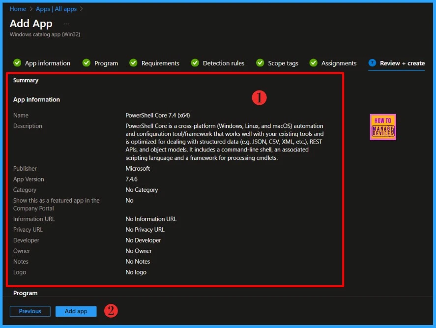 Install PowerShell 7 on Windows Machines using Intune Enterprise App Catalog App . Fig.12