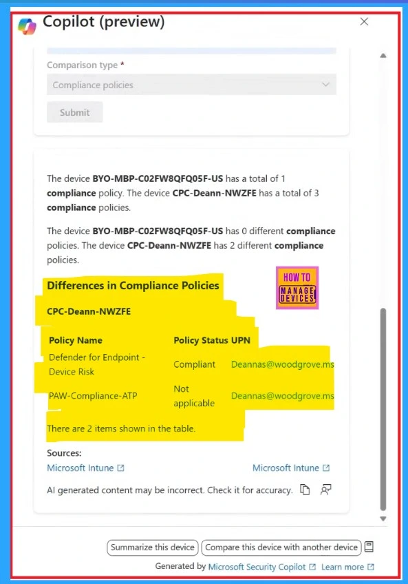 Troubleshoot and Compare Devices with Intune Copilot Prompt -Fig.4 Creds to MS