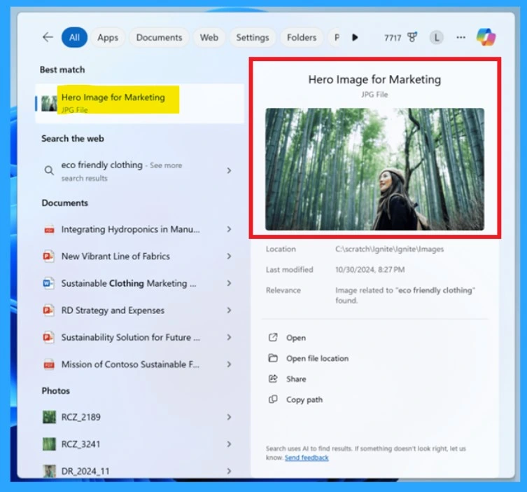 Faster and Advanced Windows Search Performance is Now Available with Copilot + PCs - Fig.2 Creds to MS