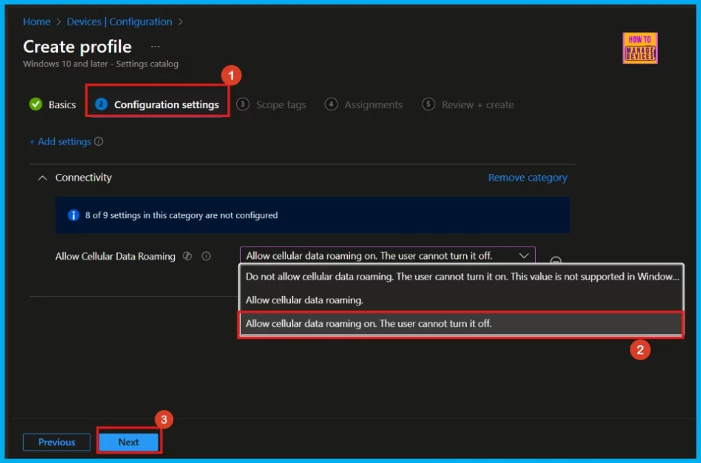 Allow or Block Cellular Data Roaming in Connectivity using Intune Policy - Fig.4