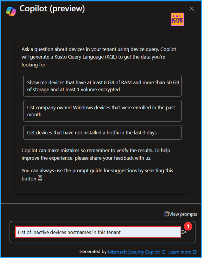 Best Copilot Assistance for Querying Device Inventory Data using KQL in Intune 4 Best Copilot Assistance for Querying Device Inventory Data using KQL in Intune. Fig. 4