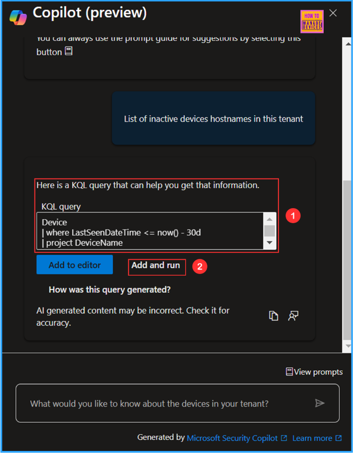 Best Copilot Assistance for Querying Device Inventory Data using KQL in Intune 5 Best Copilot Assistance for Querying Device Inventory Data using KQL in Intune. Fig. 5
