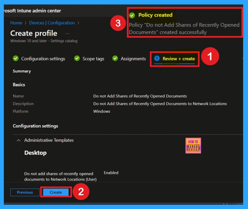 How to Configure Do not Add Shares of Recently Opened Documents to Network Locations Policy using Intune -Fig.9