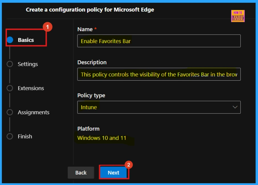 Enable or Disable Favorites Bar Policy in MS Edge Browser using M365 Admin Center - Fig.2